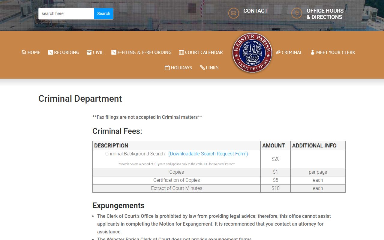 Webster Parish Clerk of Court criminal records fees