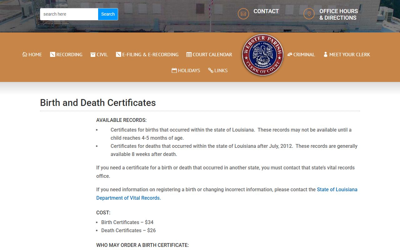 Webster Parish Clerk of Court birth and death records