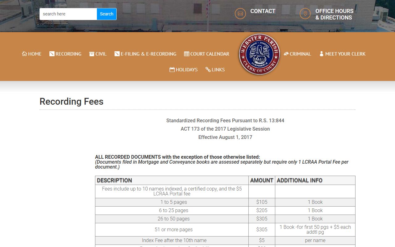Webster Parish Clerk of Court recording records fees
