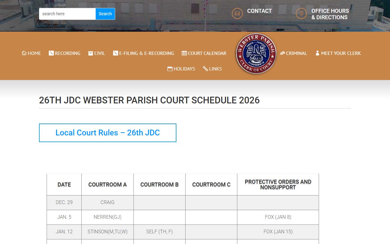 Webster Parish court dockets clerk hosted 2026 court calendar source