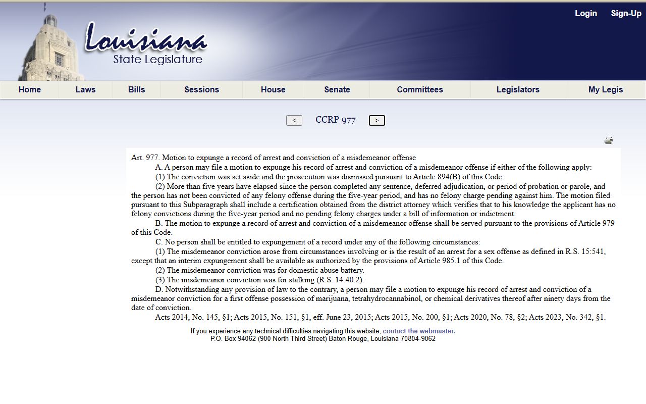 Webster Parish criminal court records Louisiana article 977 misdemeanor expungement source