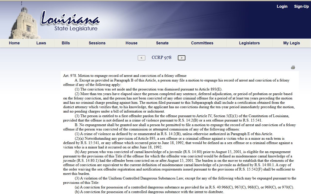 Webster Parish criminal court records Louisiana article 978 felony expungement source