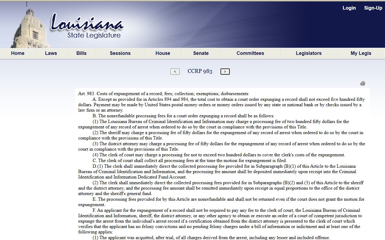 Webster Parish criminal court records Louisiana article 983 expungement fee source
