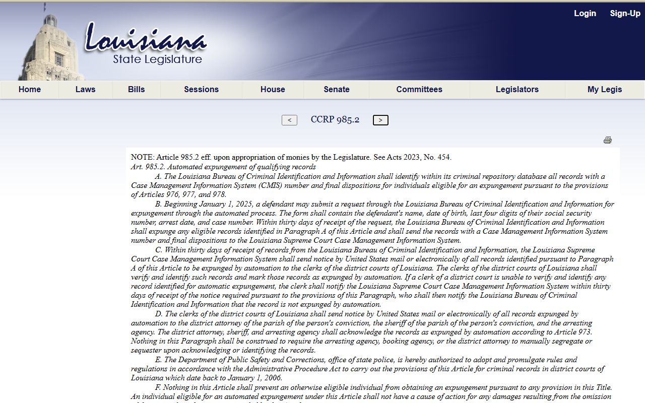 Webster Parish criminal court records Louisiana article 985.2 automated expungement source