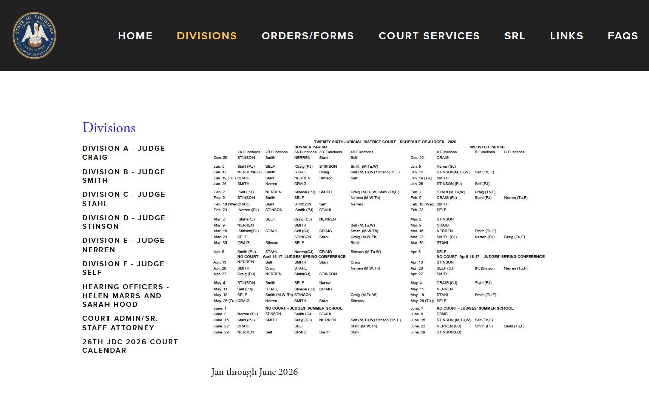 Webster Parish District Court calendar and divisions
