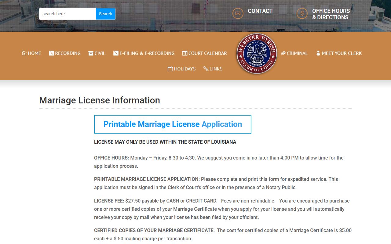 Webster Parish marriage records clerk license requirements