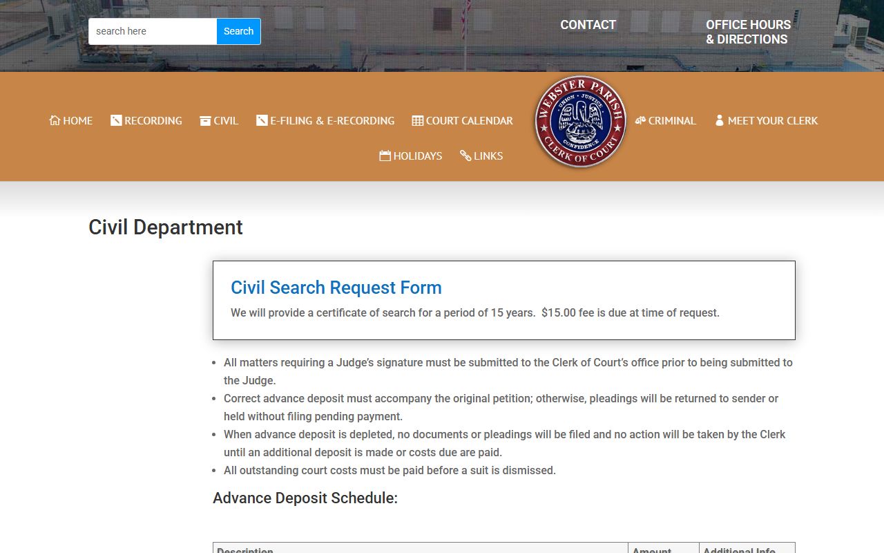Webster Parish probate records civil department fee schedule